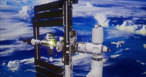 Astronauts working on a space station outside Earth during a bright day Stock Illustration
