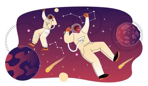 Astronauts in zero gravity. Men in spacesuits fly among stars and planets Stock Illustration