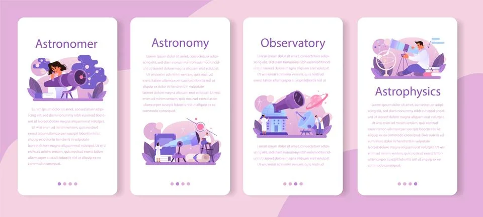 Astronomer mobile application banner set. Professional scientist Stock Illustration