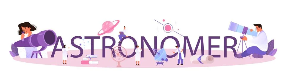 Astronomer typographic header. Professional scientist looking through Stock Illustration