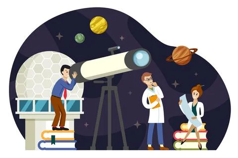 Astronomers scientists study space illustration. Observation planets and stellar Stock Illustration
