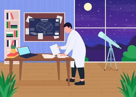 Astronomers workplace flat color vector illustration Illustrazione stock