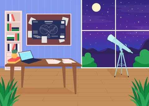 Astronomers workplace flat color vector illustration 스톡 일러스트