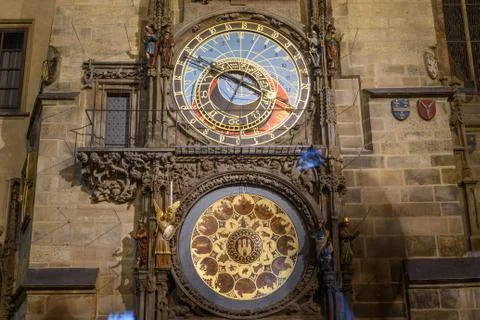 Astronomical Clock at Old Town Square at night in Prague, Czech Republic Stock Photos