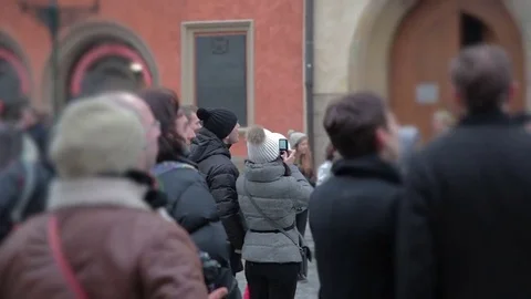 Astronomical Clock Orloj people taking photos.  Stock Footage 69235686