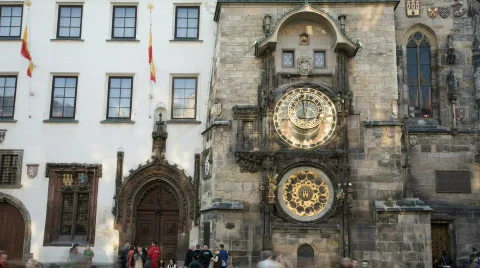 Astronomical clock with people Stock Footage