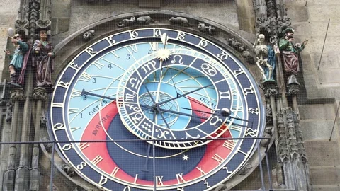 Astronomical Clock in Prague Old Town Square. Tourist attraction landmark  Stock Footage 221955797