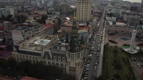 Astronomical clock tower in Batumi, view from a drone Stock Footage 223698540