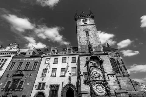 Astronomical clock tower with blue sky background in Prague, Czech Republic.. Stock Photos