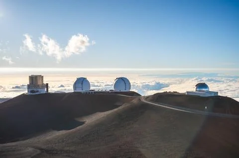 Astronomical Observatories Perched Above the Clouds on the Volcanic Summit of Stock Photos
