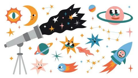 Astronomy and outer space set. Telescope, planets, rocket, comet and stars... Stock Illustration
