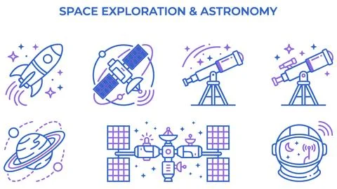 Astronomy and space exploration technology line icon collection with explor.. Stock Illustration