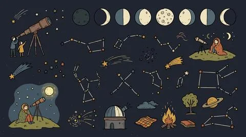 Astronomy doodle set featuring telescopes and constellations on dark backgr.. Stock Illustration