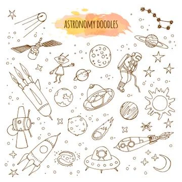 Astronomy Hand Drawn Illustrations. Vector astrology doodles Stock Illustration