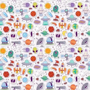 Astronomy icons stickers vector set seamless pattern Illustrazione stock