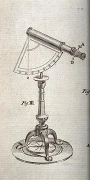 Astronomy: a large telescope with a protractor pivot, on a tripod base. Eng.. イラスト素材