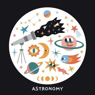 Astronomy lesson at school, science of space exploration. Round composition.. Stock Illustration