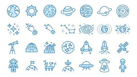 Astronomy line icon set. Space planet, Earth, moon, sun, galaxy, rocket Ilustração Stock