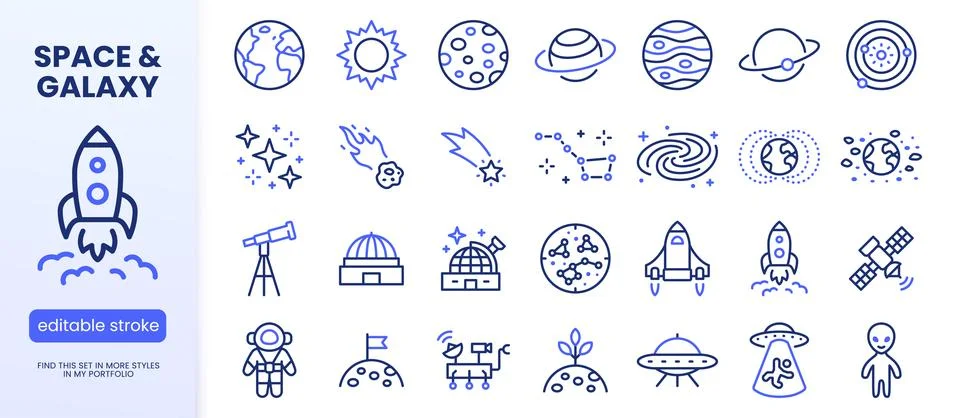 Astronomy line icon set. Space planet, Earth, moon, sun, galaxy, rocket Stock Illustration