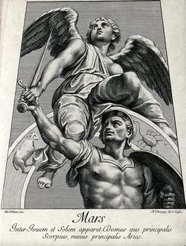 Astronomy: Mars with sword and shield, an angel above, looking heavenward. .. Ilustração Stock