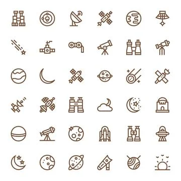 Astronomy Pixel Optimized Vector Set with 36 128x128 Bold Line Icons Stock Illustration