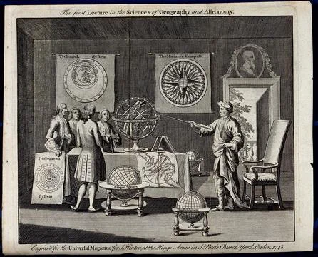 Astronomy: a savant in his study, instructing a group of gentlemen. Engravi.. Stock Illustration