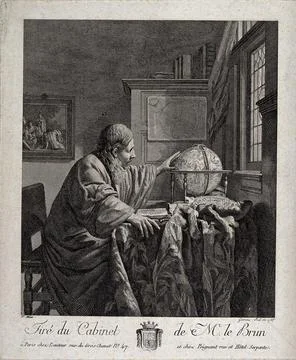 Astronomy: an scholar in his study, plotting points on a globe. Engraving b.. Stock Illustration