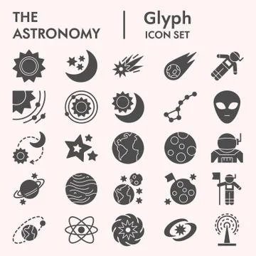 Astronomy solid icon set. Universe objects collection, vector sketches, logo Stock Illustration