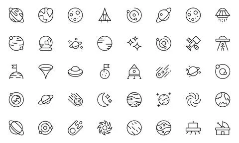 Astronomy Space and Technology line icon set. It contains satellites, the u.. Stock Illustration