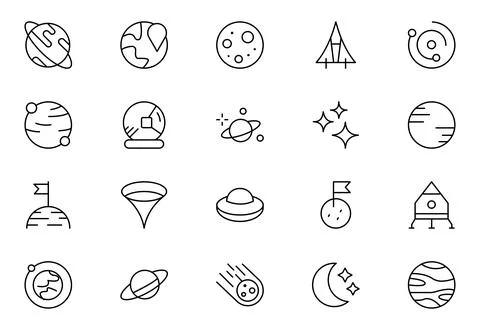 Astronomy Space and Technology line icon set. It contains satellites, the u.. Stock Illustration