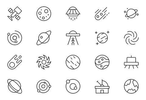 Astronomy Space and Technology line icon set. It contains satellites, the u.. Stock Illustration