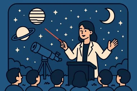 Astronomy teacher educating students about planets and stars in a classroom Stock Illustration
