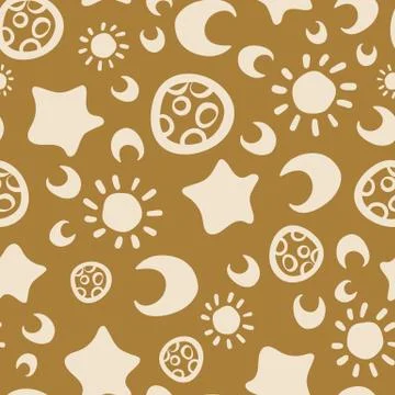 Astronomy themed seamless vector pattern in ochre 스톡 일러스트