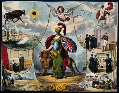 Astronomy: various apocalyptic scenes, including a grieving widow, war, and.. Stock Illustration