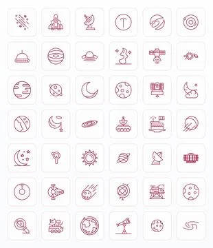 Astronomy Vector Icon Collection with 42 64x64 Bold Line Designs Stock Illustration