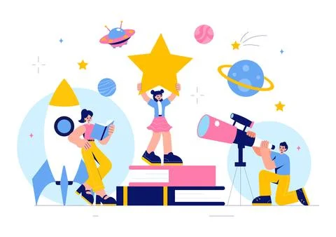 Astronomy Vector Illustration featuring People Observing a Starry Night Sky.. Illustrazione stock
