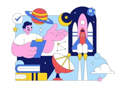 Astronomy Vector Illustration Featuring People Observing a Starry Night Sky.. Stock Illustration