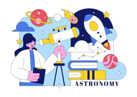 Astronomy Vector Illustration Featuring People Observing a Starry Night Sky.. Stock Illustration