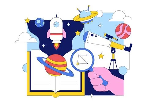 Astronomy Vector Illustration Featuring People Observing a Starry Night Sky.. Stock Illustration