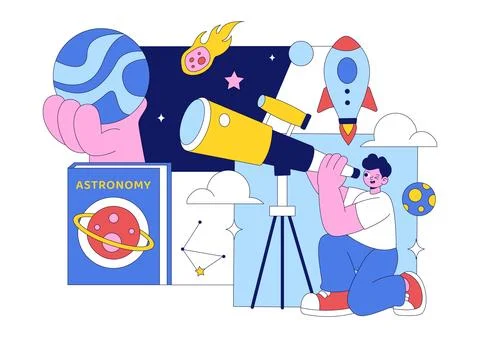 Astronomy Vector Illustration Featuring People Observing a Starry Night Sky.. Stock Illustration