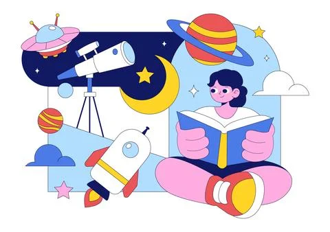 Astronomy Vector Illustration Featuring People Observing a Starry Night Sky.. Stock Illustration