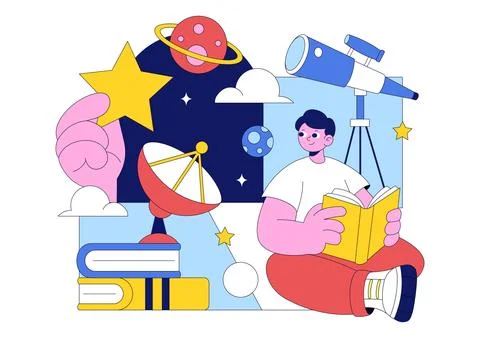 Astronomy Vector Illustration Featuring People Observing a Starry Night Sky.. Stock Illustration