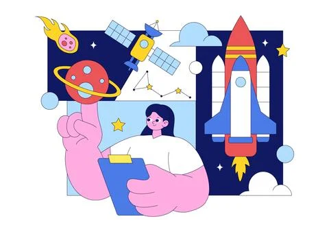 Astronomy Vector Illustration Featuring People Observing a Starry Night Sky.. Stock Illustration