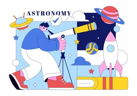 Astronomy Vector Illustration Featuring People Observing a Starry Night Sky.. Stock Illustration