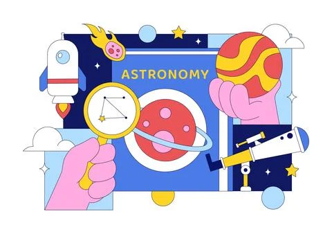 Astronomy Vector Illustration Featuring People Observing a Starry Night Sky.. Stock Illustration