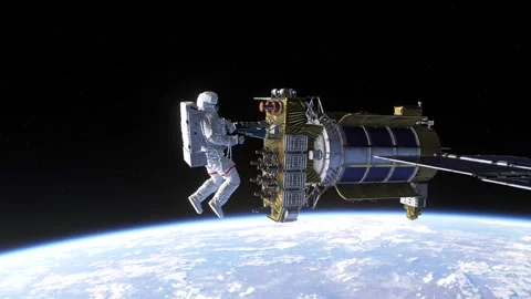 Astronuat working on satellite Stock Footage 252108524