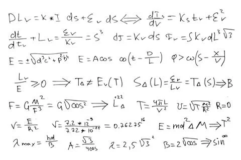 Astrophysical formulas. Scientific, educational background. Hand-drawn on a Stock Illustration