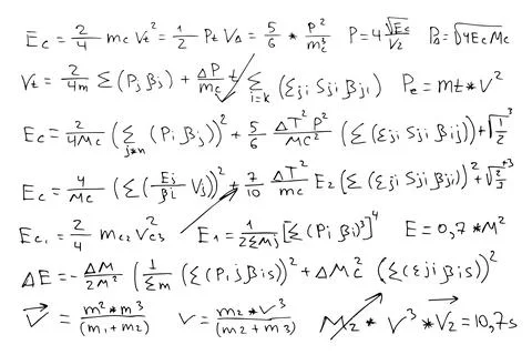 Astrophysical formulas. Scientific, educational background. Hand-drawn on a Stock Illustration