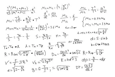 Astrophysical formulas. Scientific, educational background. Hand-drawn on a Stock Illustration