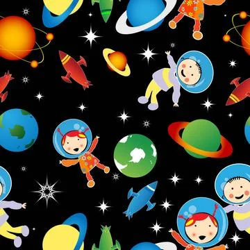 Astrounauts pattern Childlike drawing with astronauts and planets, stars, ... Stock Photos